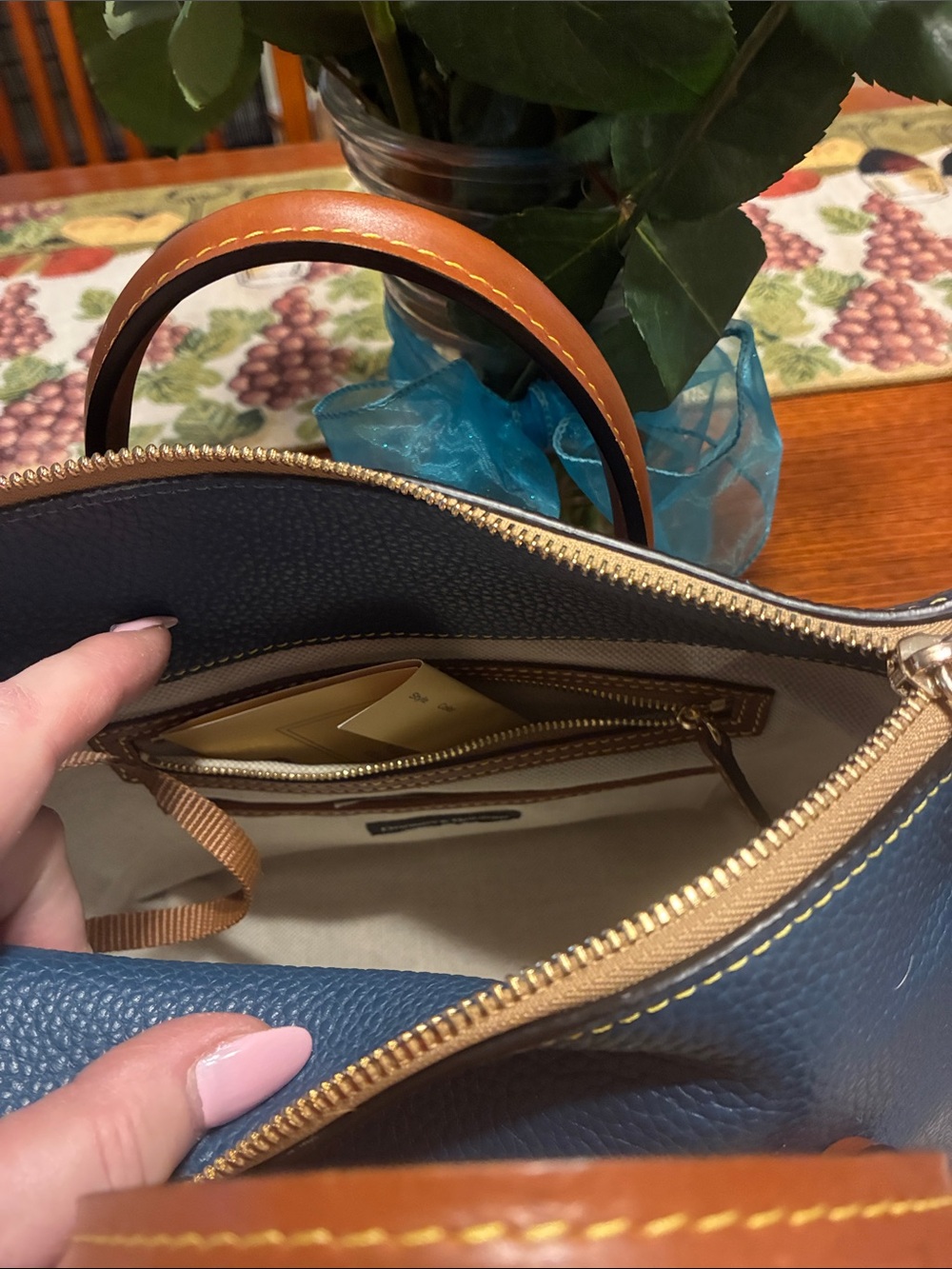 Dooney & Bourke Blue Pebbled Leather Satchel with Brown Trim and Gold Charm - Picture 5 of 9